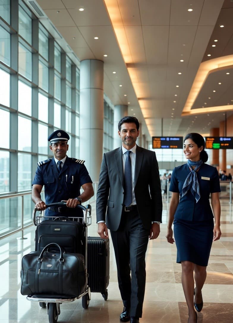 AirportPorterService team — porter, executive traveller and female greeter walking through a modern Indian airport terminal