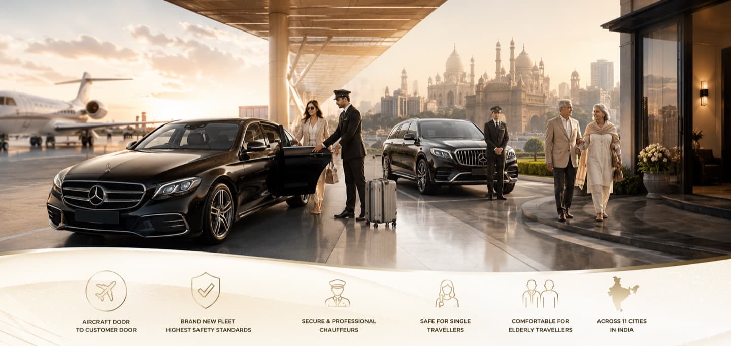 APS airport transfer — Mercedes chauffeur service across 11 Indian cities. Aircraft door to customer door.